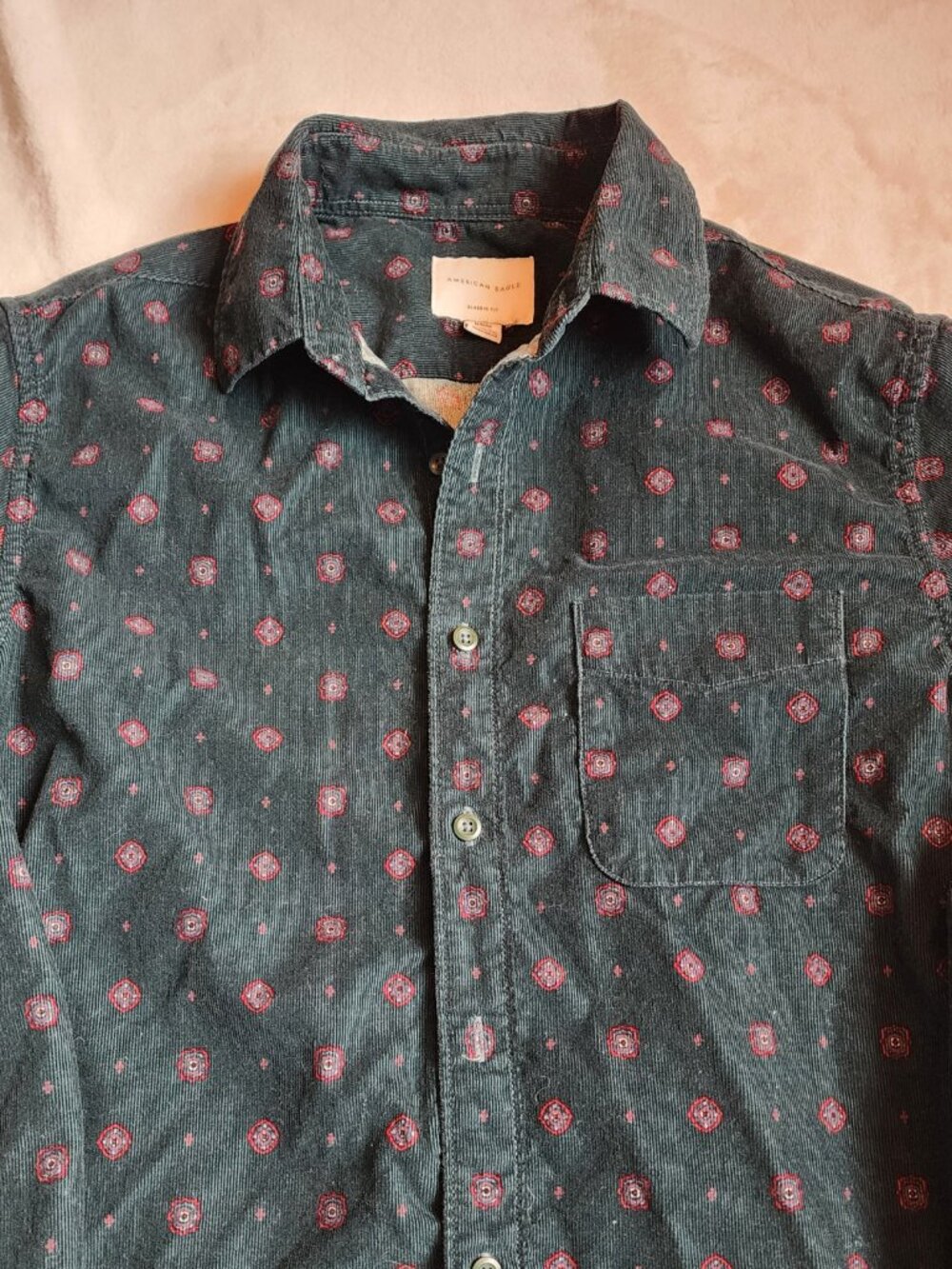 Green Corduroy Button-down with Western Style Print - Picture 3 of 5